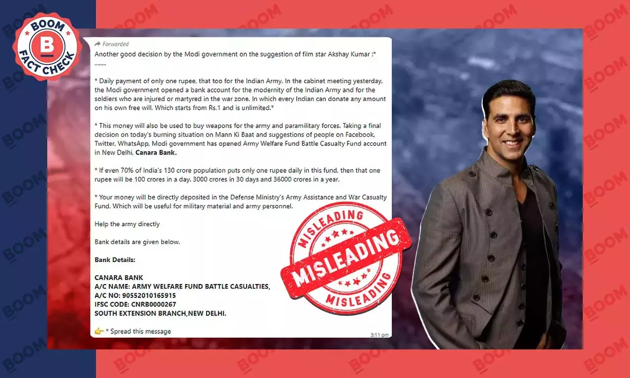 অক্ষয় কুমার কি যুদ্ধে নিহত সেনা কল্যাণ তহবিল সমর্থন করলেন? তথ্য যাচাই অক্ষয় কুমার কি যুদ্ধে নিহত সেনা কল্যাণ তহবিল সমর্থন করলেন? তথ্য যাচাই