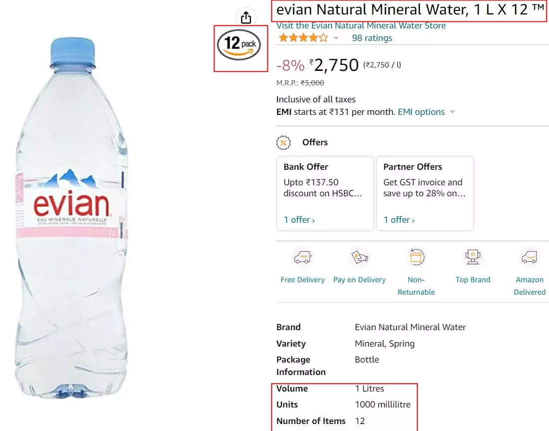 Evian Natural Mineral Water, 1 L X 12