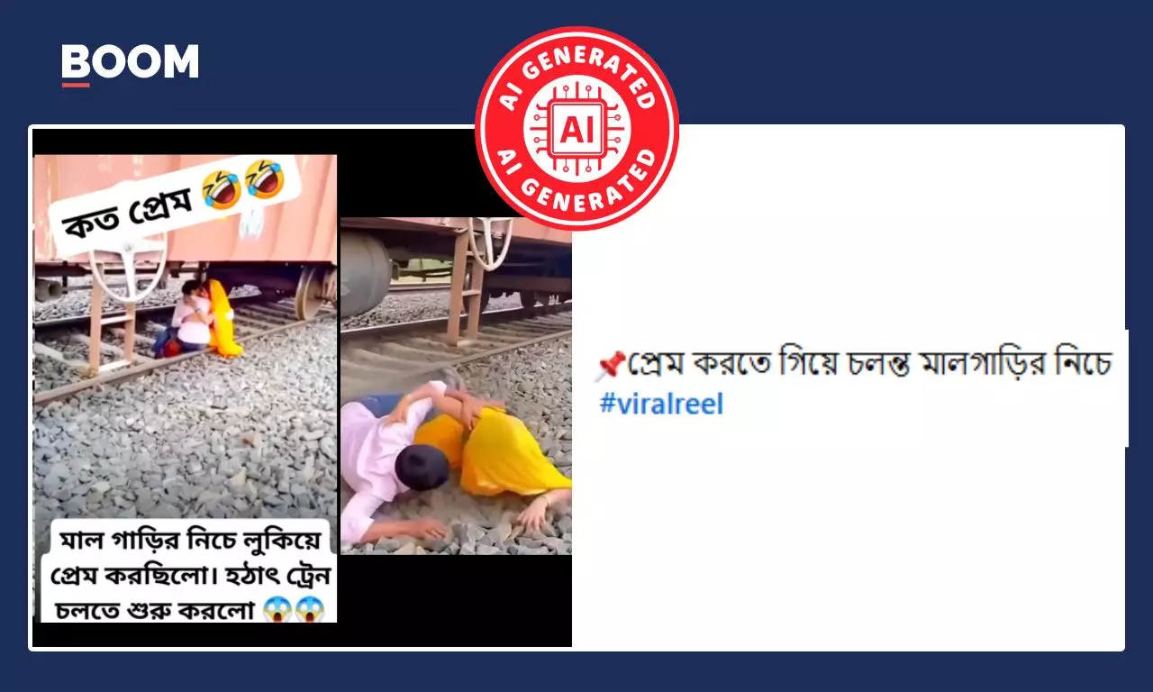 মালগাড়ির নীচে যুগলের বিপদজনক প্রেম বলে ভাইরাল AI নির্মিত ভিডিও মালগাড়ির নীচে যুগলের বিপদজনক প্রেম বলে ভাইরাল AI নির্মিত ভিডিও